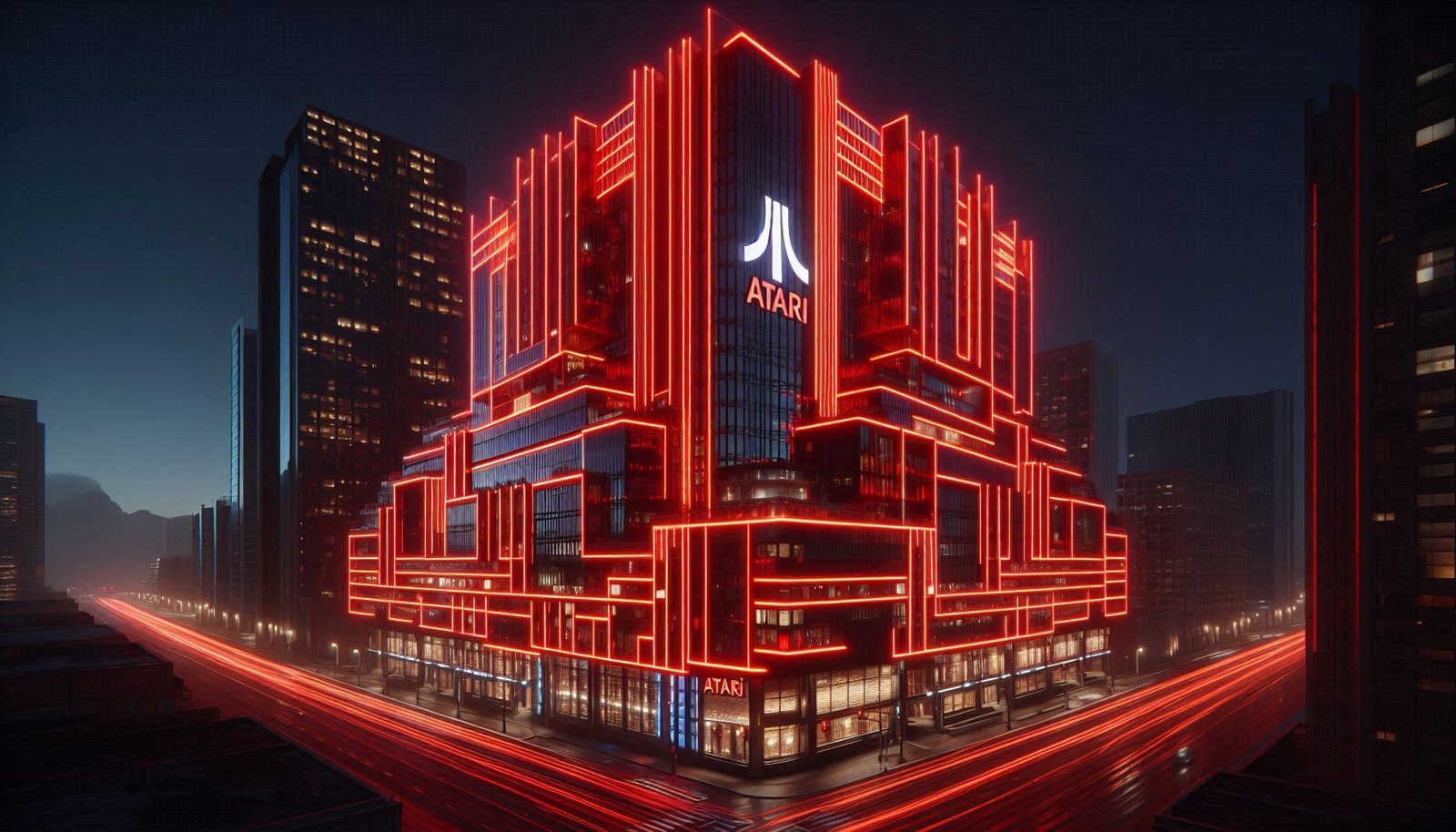Ilustración editorial de un hotel futurista con iluminación roja en Phoenix, asociado al proyecto del hotel Atari.