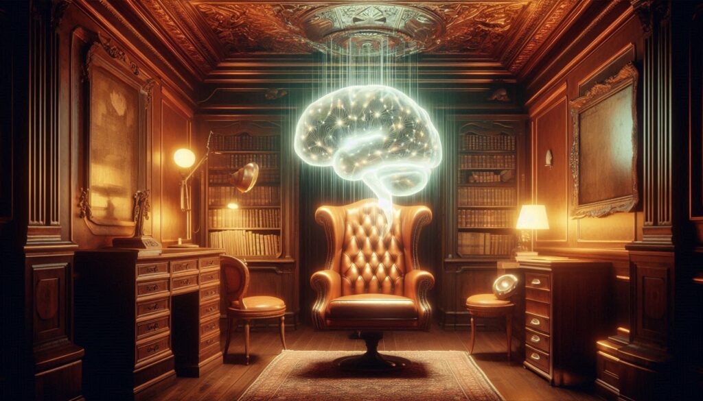 Una consulta médica futurista y vacía con una silla de paciente y un cerebro humano holográfico brillante flotando, representando la llegada de la IA a la medicina.