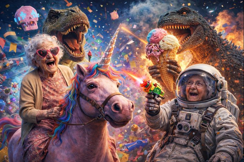 Escena absurda generada por inteligencia artificial con personajes imposibles 2