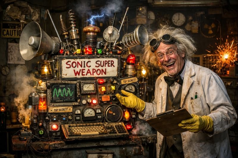 El arma que nadie ve, pero todos juran haber oído 9 Científico ficticio en un laboratorio improvisado mostrando una máquina absurda llena de antenas y luces, en tono irónico sobre armas sónicas.