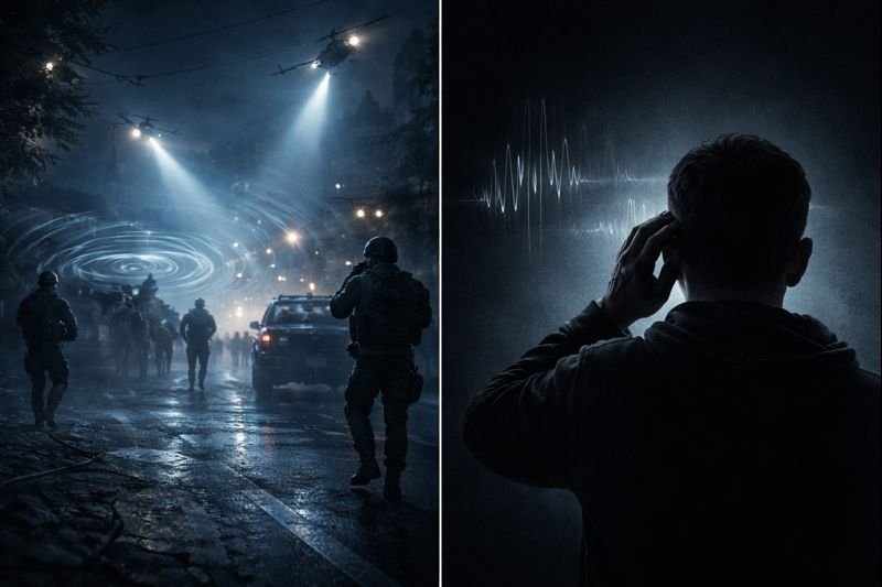 El arma que nadie ve, pero todos juran haber oído 8 Soldados avanzan de noche mientras una distorsión en el aire sugiere una tecnología invisible durante una operación militar.
Silueta de una persona llevándose la mano al oído frente a ondas sonoras, como metáfora de un arma que nadie puede ver.