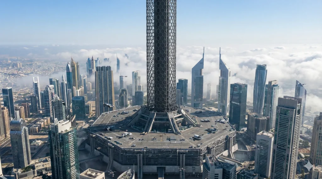 Visión futurista de un ascensor espacial construido con nanotubos de grafeno en el centro de una ciudad moderna, representando el potencial revolucionario del material a largo plazo.