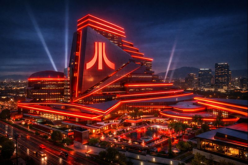 Concepto arquitectónico de un complejo hotelero futurista con luces rojas y diseño ambicioso.
