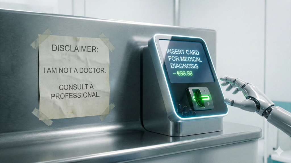 Primer plano de un terminal de pago futurista para diagnóstico médico por IA junto a un cartel viejo y polvoriento de aviso legal, ilustrando el cambio de política de OpenAI.