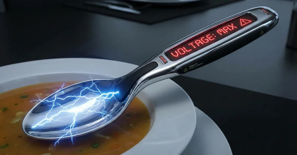 La Cuchara 'Electric Salt': O cómo pagar 120€ para chupar una pila de 9 voltios en cada comida 11 Primer plano de cuchara tecnológica Electric Salt con pantalla LED roja marcando VOLTAGE MAX y rayos eléctricos azules sobre plato de sopa.
