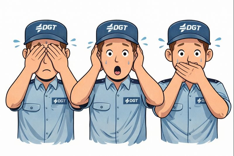 Este mapa muestra en tiempo real las balizas V-16… y a la DGT no le ha hecho mucha gracia 11 Ilustración humorística de tres agentes de tráfico tapándose los ojos, los oídos y la boca, representando ver, oír y callar ante una situación incómoda.