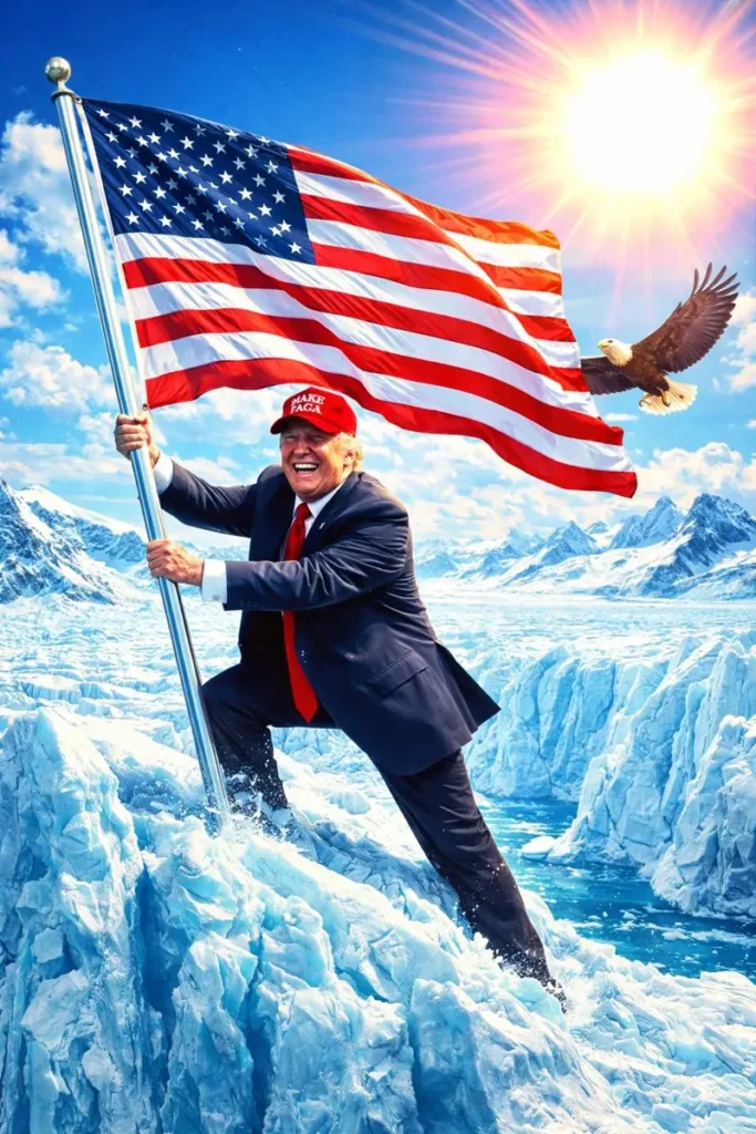 Por qué Donald Trump tiene razón (y tú estás equivocado) 1 Meme hiper-saturado de Donald Trump sonriendo y clavando una bandera gigante de EE.UU. en un glaciar de Groenlandia con un águila calva y rayos de sol divinos