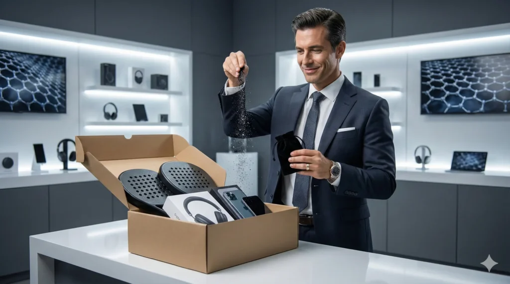 Un ejecutivo con traje espolvoreando polvo negro "mágico" sobre productos tecnológicos en una tienda de lujo, satirizando el marketing engañoso de los productos con grafeno.