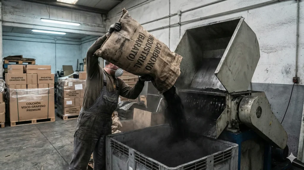 Un operario en una fábrica sucia vertiendo un saco etiquetado como "carbón industrial barato" en una trituradora, ilustrando cómo se fabrica realmente el "grafeno" para productos de consumo.