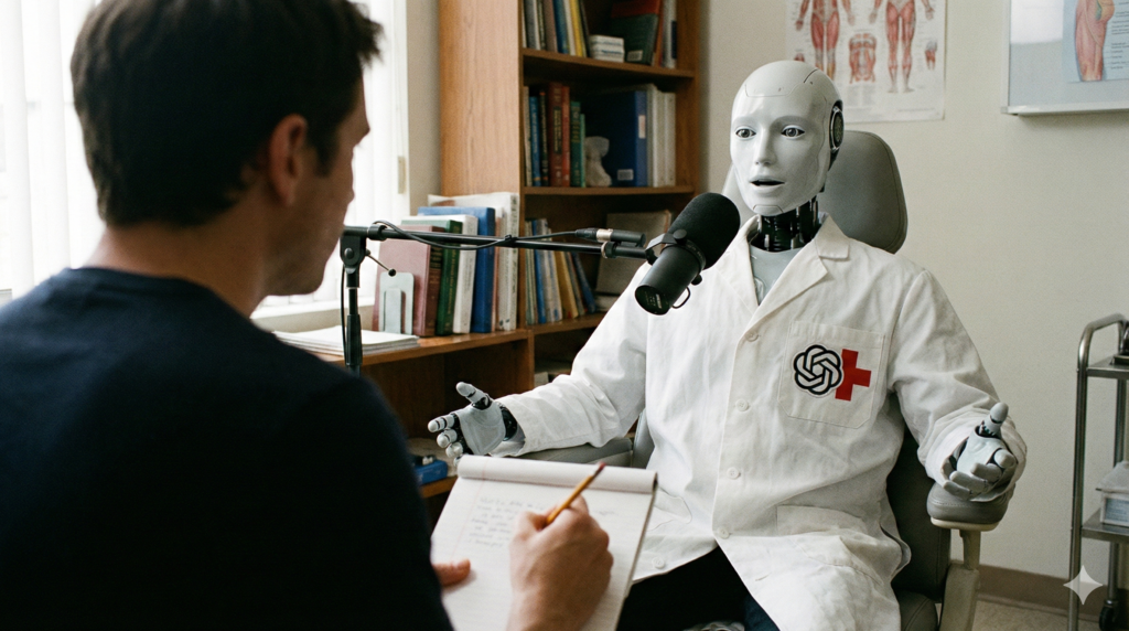 Un robot con bata de médico y logo de OpenAI fusionado con una cruz roja responde preguntas a un entrevistador humano que toma notas en una libreta.