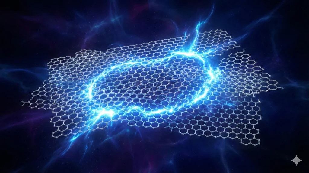 Representación artística de dos láminas de grafeno rotadas 1.1 grados (ángulo mágico) emitiendo energía azul, ilustrando el descubrimiento de Pablo Jarillo-Herrero sobre la superconductividad.