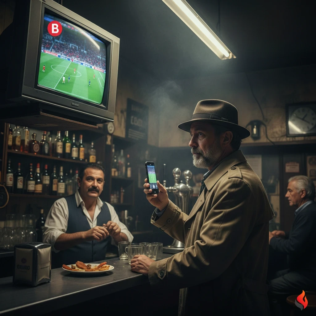 LaLiga busca "Judas" a tiempo parcial: 50 euros por vender a tu barman en el nuevo portal LaLiga Bares 8 Hombre con gabardina y móvil denunciando fútbol pirata en un bar típico español.