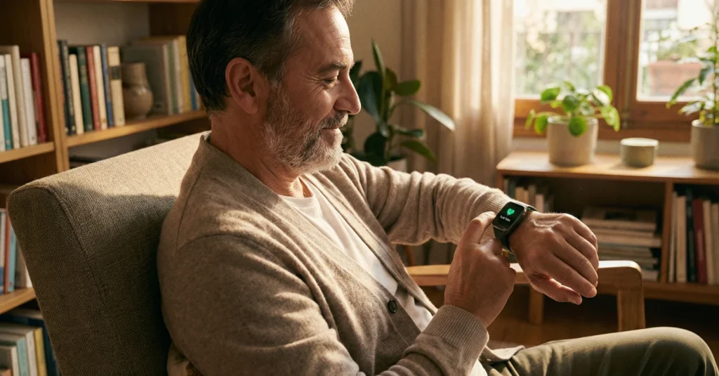 Hombre de mediana edad sonriendo tranquila en un sillón mientras mira su reloj inteligente que muestra un icono de corazón verde, indicando seguridad en casa.