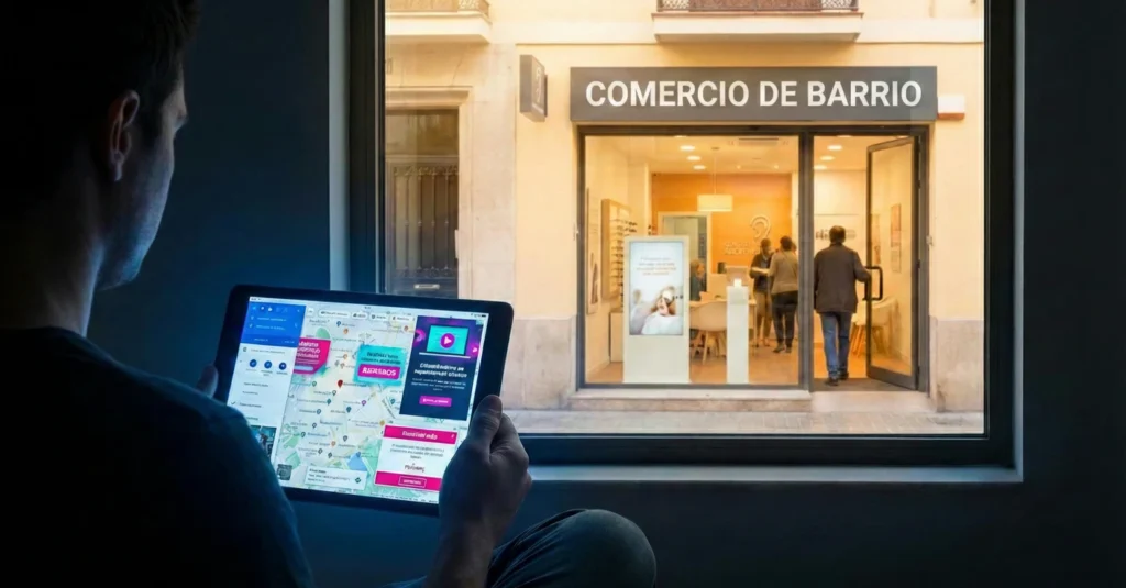 Contraste visual dividido: en primer plano oscuro, una persona mira un mapa confuso en una tablet; a través de la ventana, se ve la fachada iluminada y acogedora de un 'COMERCIO DE BARRIO' físico, representando la seguridad de la atención presencial frente al caos digital.