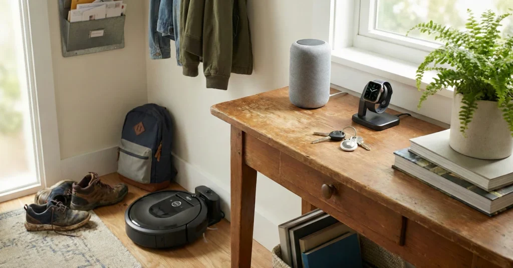Bodegón en un recibidor con un altavoz inteligente y llaves con localizador AirTag sobre una mesa de madera, y un robot aspirador cargando en el suelo.