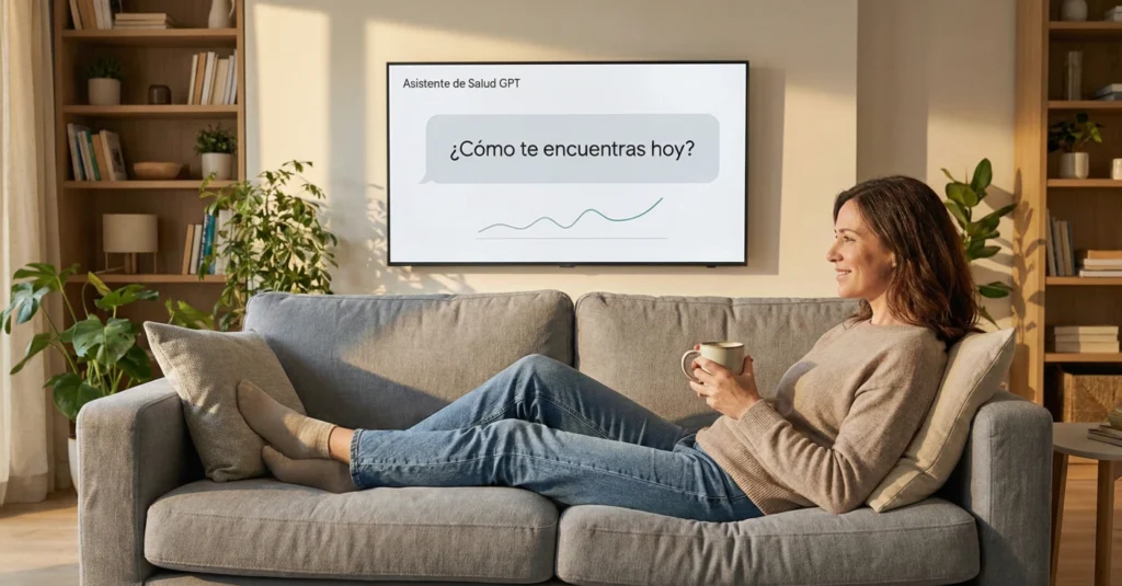 Mujer relajada en el sofá mirando una televisión que muestra una interfaz limpia de "Asistente de Salud GPT", ejemplo de tecnología futura útil en el hogar.