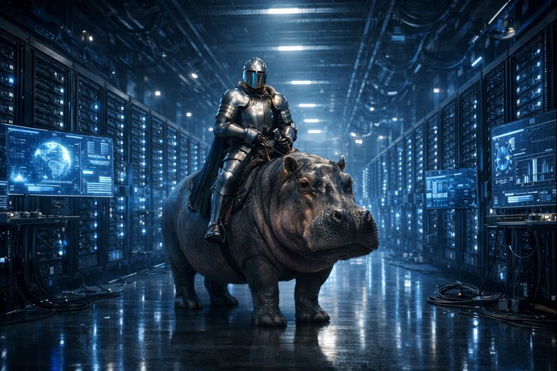 Centro de datos futurista con un caballero medieval montado sobre un hipopótamo
