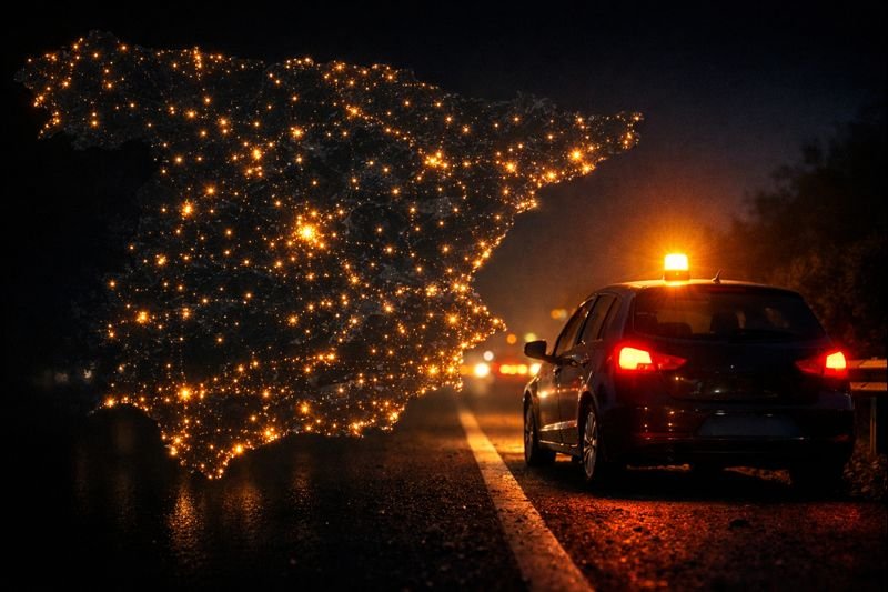 Este mapa muestra en tiempo real las balizas V-16… y a la DGT no le ha hecho mucha gracia 10 Mapa oscuro de España con puntos luminosos en carreteras principales fundido con un coche averiado de noche en el arcén con luces de emergencia encendidas.