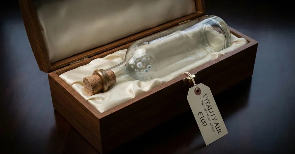 Fotografía de producto de una botella de vidrio vacía de "Vitality Air" en una caja de presentación de madera y seda, con una etiqueta de precio de 100€. Se aprecian sutiles esporas de moho blanco y azul creciendo en el interior del vidrio cerca del corcho.