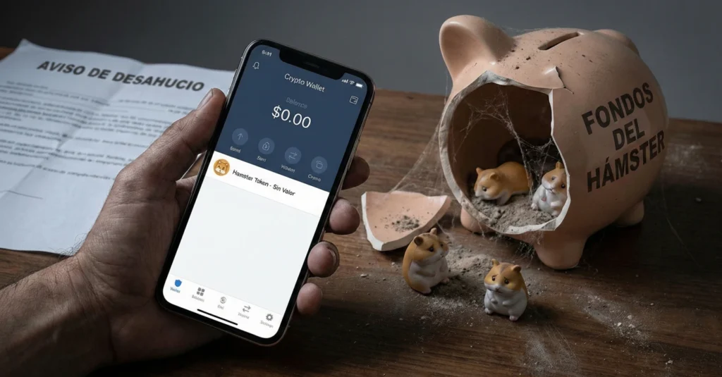 Mano sucia sosteniendo un móvil con una billetera cripto mostrando un saldo de '$0.00' y el texto 'Hamster Token - Sin Valor'. Al lado, una hucha de cerdito rota etiquetada 'FONDOS DEL HÁMSTER' y una notificación de desahucio en castellano, simbolizando la pérdida económica y la estafa.