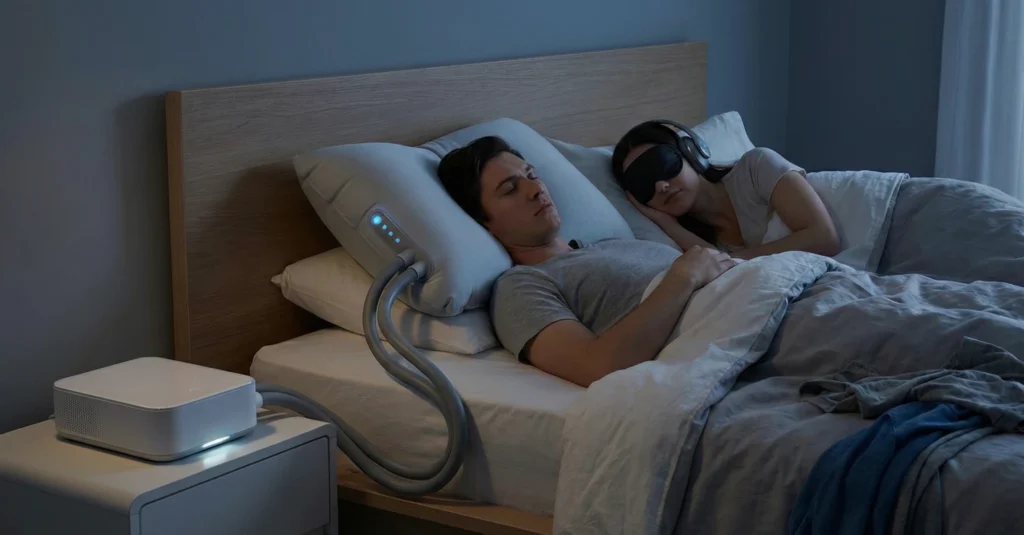 Pareja en la cama, hombre despierto y molesto con el cuello torcido por la almohada antironquidos Motion Pillow inflada y su ruidosa caja, mientras la mujer duerme plácidamente con tapones para los oídos.