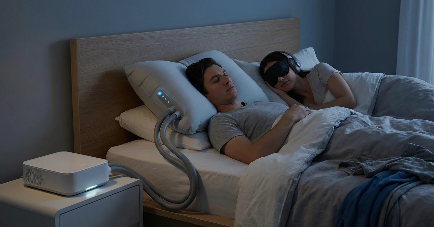 Pareja en la cama, hombre despierto y molesto con el cuello torcido por la almohada antironquidos Motion Pillow inflada y su ruidosa caja, mientras la mujer duerme plácidamente con tapones para los oídos.