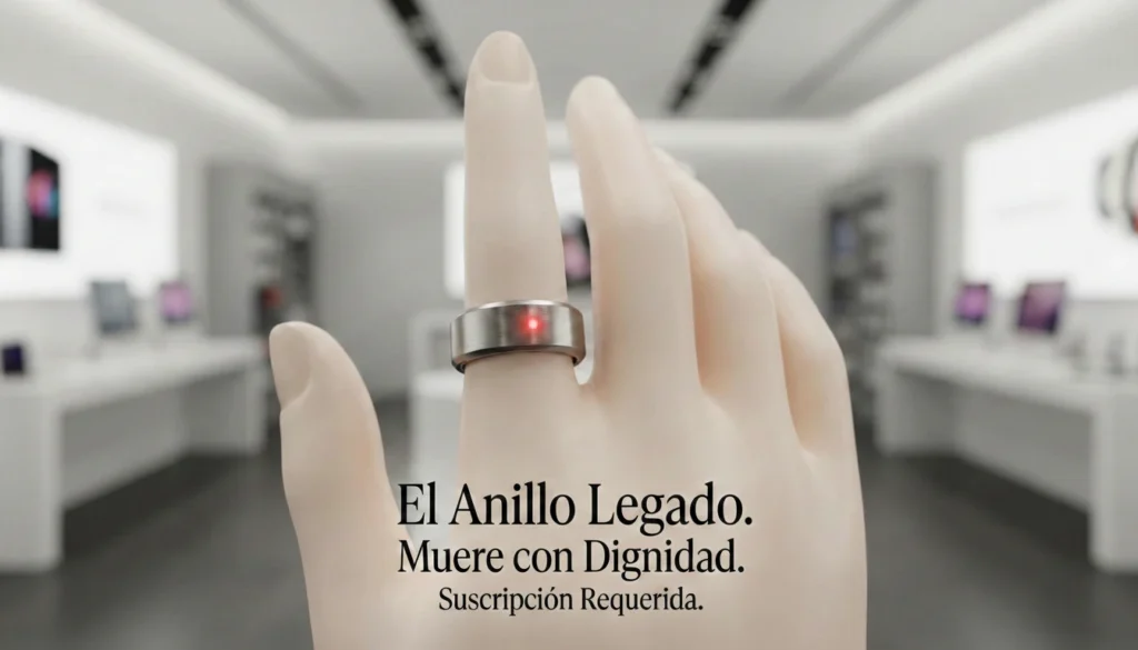 Fotografía de producto de lujo de un anillo inteligente de titanio con una luz roja en una mano de maniquí, dentro de una tienda tecnológica minimalista. Texto debajo reza: "El Anillo Legado. Muere con Dignidad. Suscripción Requerida."