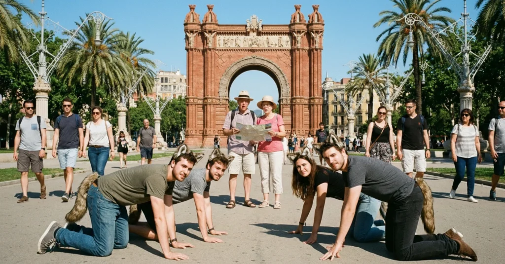 Quedada Therians Barcelona: Cuando la Crisis de los 20 Acaba a Cuatro Patas en el Arc de Triomf 1 Quedada therians Barcelona: jóvenes saltando a cuatro patas frente al Arc de Triomf ante la mirada atónita de turistas mayores.