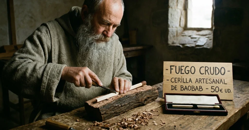 Un monje anciano en un taller rústico tallando a mano una cerilla gigante de madera de baobab. Un cartel de madera a su lado indica en español "FUEGO CRUDO - CERILLA ARTESANAL DE BAOBAB - 50€ UD.", satirizando la venta de fuego premium.