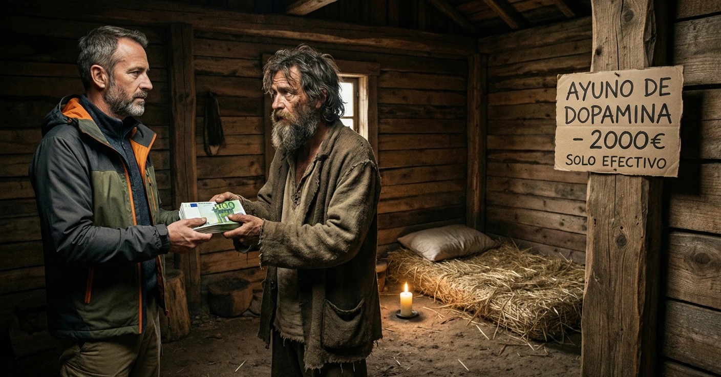 Directivo pagando una fortuna en euros por el auténtico engaño del ayuno de dopamina en una cabaña miserable.