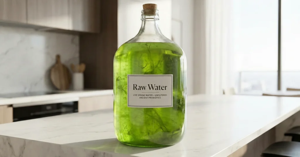 Primer plano de una costosa garrafa de vidrio de "Raw Water" sobre una encimera de mármol. El agua sin filtrar del interior se ha vuelto de color verde brillante debido al crecimiento visible de algas por la exposición al sol, con una etiqueta que dice "Live Spring Water".
