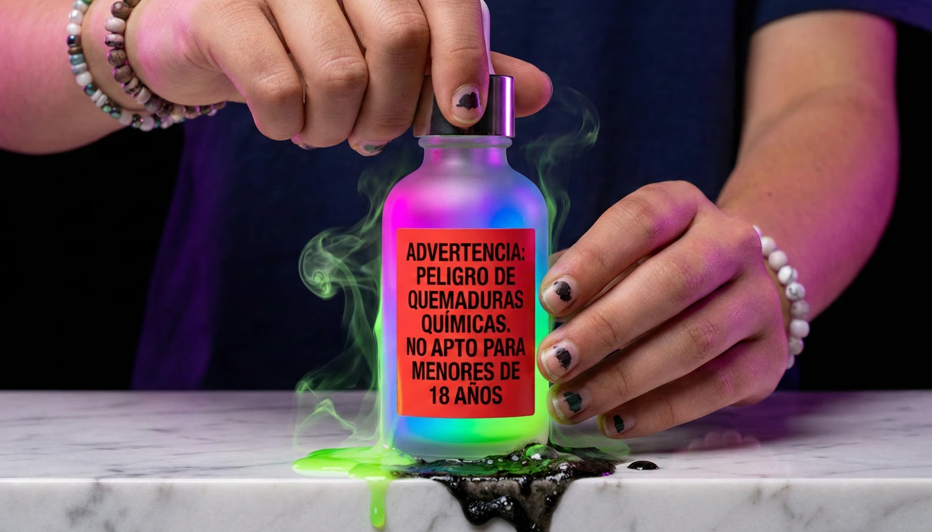 Frasco tóxico de Sephora Kids Quemaduras retinol corroyendo el mármol.