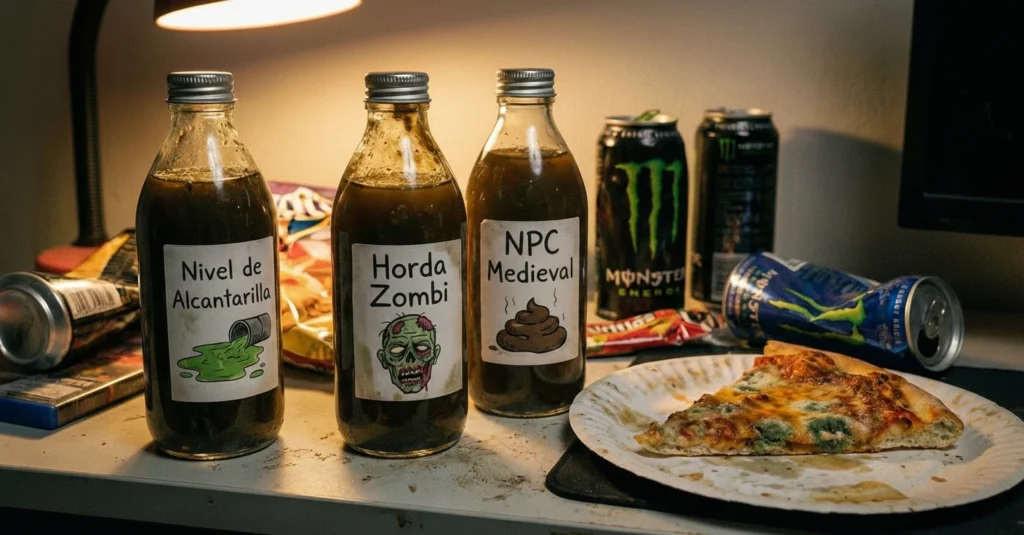Bodegón sobre un escritorio gamer sucio. Se ven tres botellas de recambio caseras con etiquetas dibujadas a mano: "Nivel de Alcantarilla", "Horda Zombi" y "NPC Medieval" (con un dibujo de estiércol). El líquido interior es turbio y oscuro. Al lado, hay una porción de pizza rancia y mohosa sobre un plato de papel.