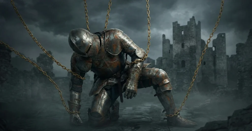 Un caballero medieval con armadura oxidada arrodillado como una marioneta rota en ruinas. Está controlado por gruesas cadenas de oro que suben hacia la oscuridad, simbolizando la manipulación de la comunidad de jugadores mediante el dinero.