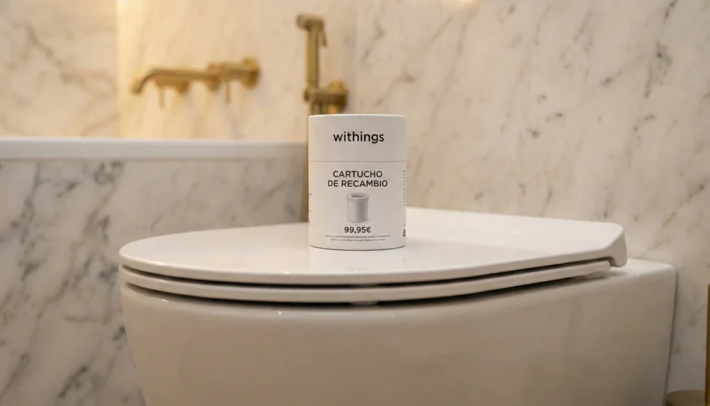 Primer plano de la caja cilíndrica del cartucho de recambio para el Withings U-Scan, apoyada sobre la tapa cerrada del inodoro, donde se lee claramente el precio de 99,95€.