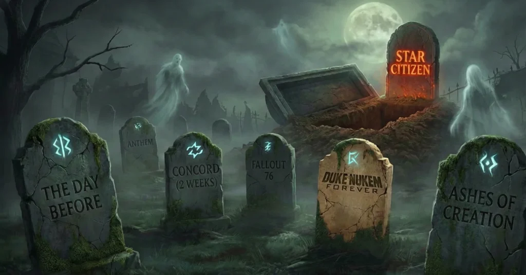 Un cementerio gótico con lápidas de juegos fracasados como The Day Before, Concord, Duke Nukem Forever y Ashes of Creation. Al fondo, una tumba abierta con el nombre de Star Citizen en llamas.