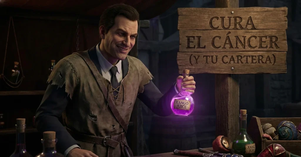 Un mercader de videojuego de fantasía con traje de ejecutivo y sonrisa malvada, sosteniendo una poción de "Xango Juice". Un cartel de madera detrás promete "Curar el Cáncer", satirizando el pasado de Steven Sharif en esquemas multinivel.
