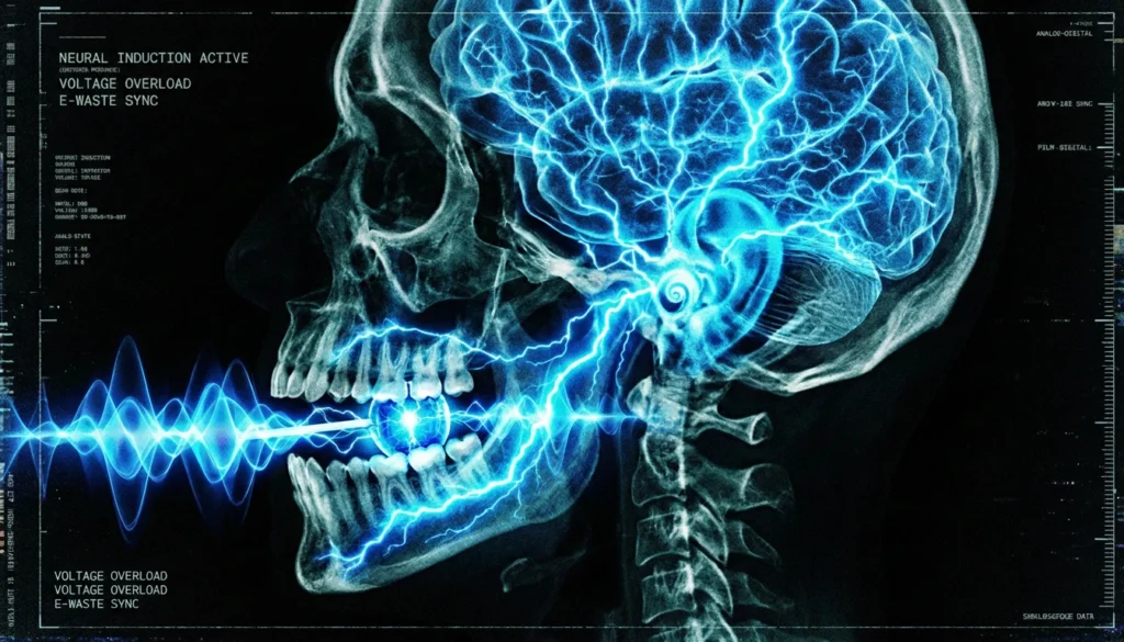 Radiografía de un cráneo humano recibiendo vibraciones de conducción ósea al morder un chupa chups musical.