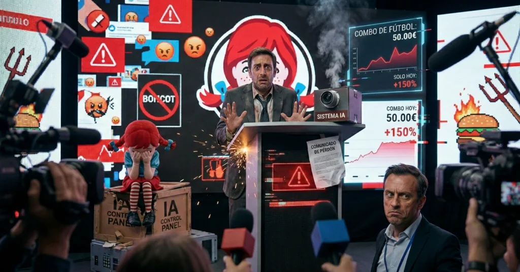 Imagen conceptual de la caótica rueda de prensa de Wendy's en 2024, mostrando al CEO nervioso ante pantallas digitales con errores y símbolos de boicot tras el anuncio de implementar precios dinamicos usando IA.