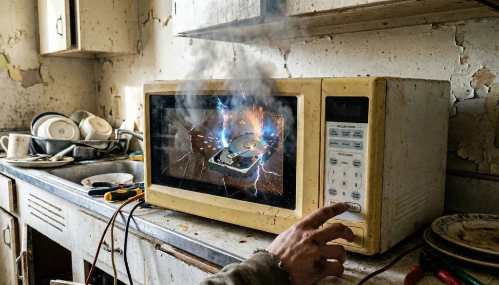 Fotografía realista y sucia de un microondas viejo y amarillo en una cocina desordenada. En el interior, un disco duro de ordenador está echando chispas y humo azul mientras una mano pulsa el botón de inicio para destruirlo físicamente.