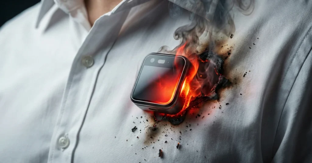 Primer plano dramático de un dispositivo Humane AI Pin sobrecalentado, brillando al rojo vivo y emitiendo humo mientras quema un agujero en la solapa de una camisa blanca, ilustrando los graves problemas de temperatura del gadget.
