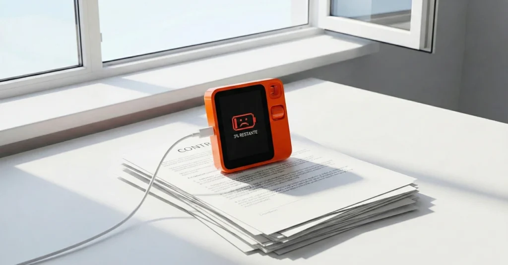 Rabbit R1: El pisapapeles de 200€ que prometió matar al móvil y murió en el intento 2 Rabbit R1 usado como pisapapeles sobre documentos en una oficina con aviso de batería baja al 3% restante.