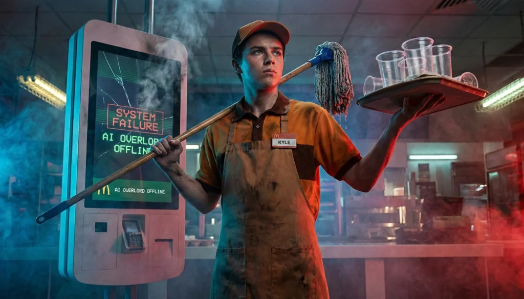 Empleado con salario mínimo convertido en la resistencia humana empuñando una fregona frente a la IA de Taco Bell destruida.