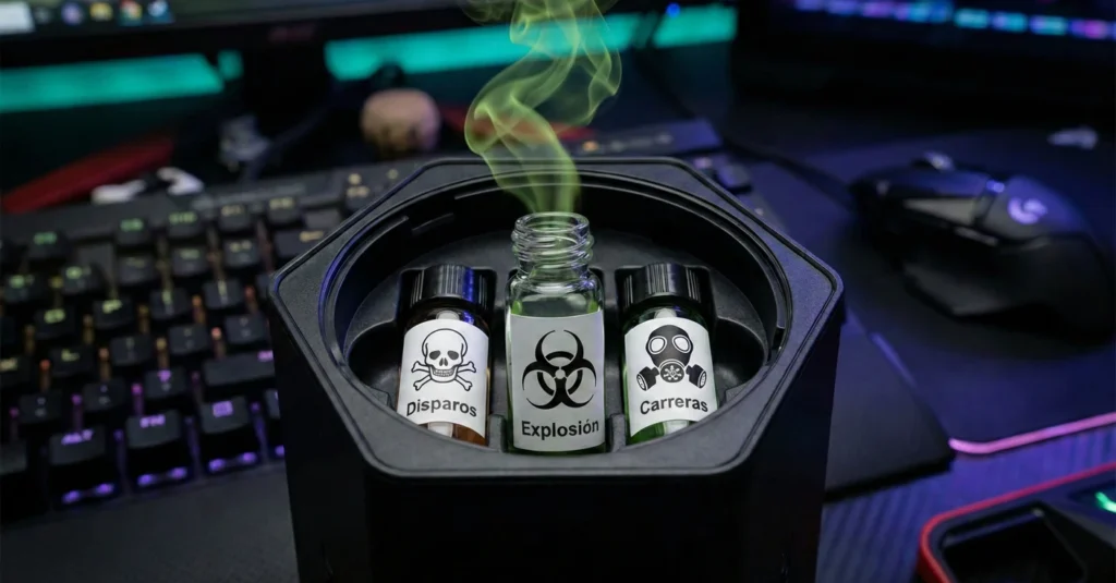 Primer plano del dispositivo GameScent abierto, mostrando tres botellas de recambio de vidrio. En lugar de etiquetas comerciales, las botellas tienen símbolos de peligro: una calavera para "Gun Fire", un símbolo de riesgo biológico para "Explosion", y una máscara de gas para "Racing", con humo verde saliendo de una de ellas.