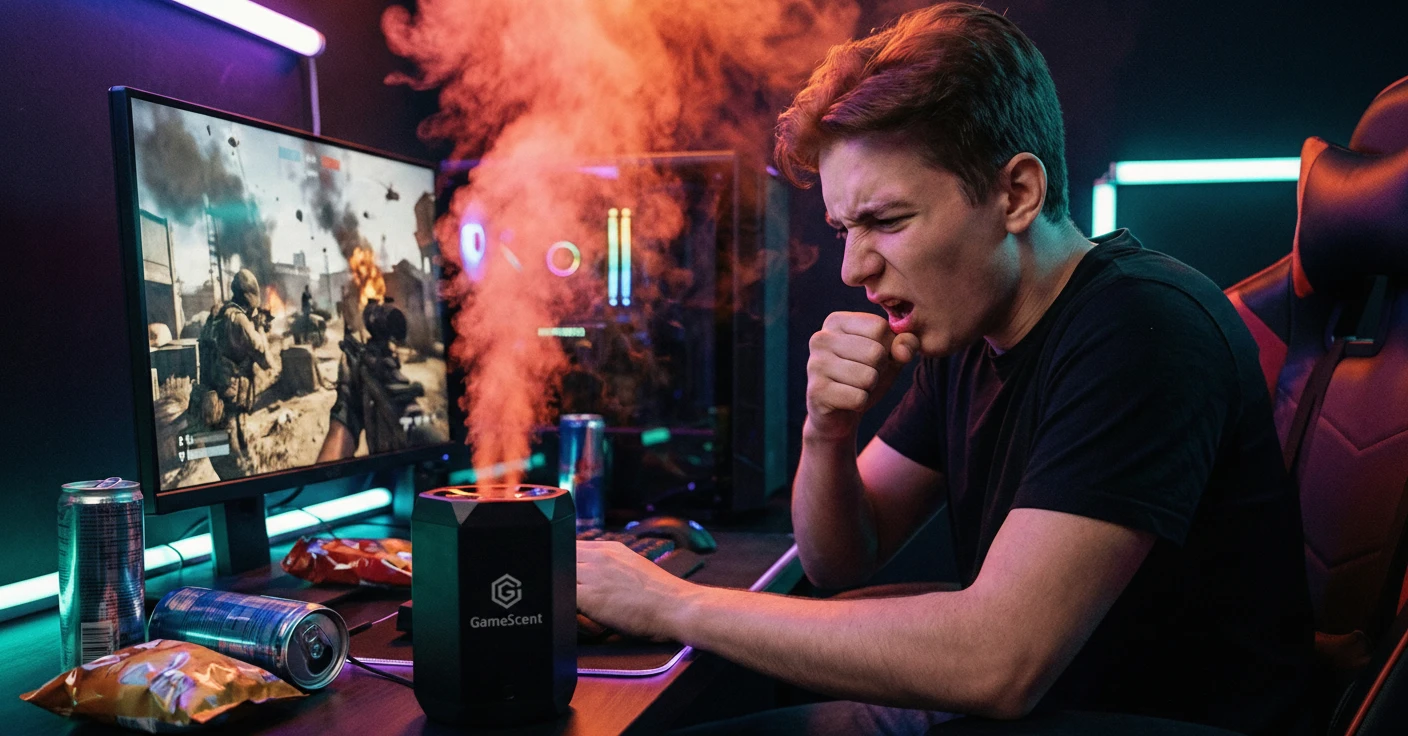 Fotografía dramática de un gamer tosiendo violentamente y cubriéndose la nariz mientras juega en un setup oscuro. A su lado, el dispositivo hexagonal negro GameScent expulsa una densa nube de vapor rojo-anaranjado, llenando la habitación de "olor a guerra"