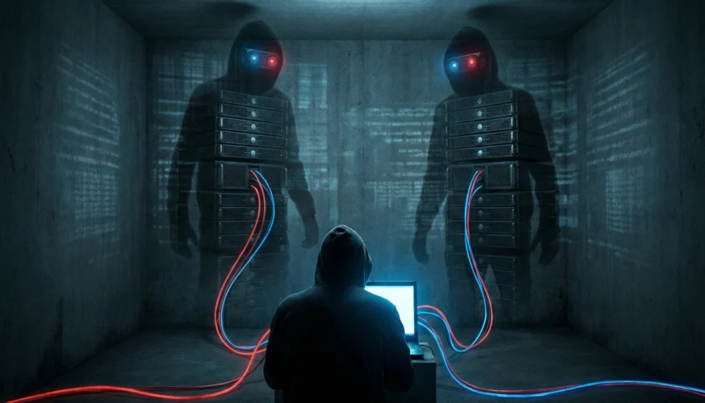 Usuario de ordenador vigilado por sombras corporativas.