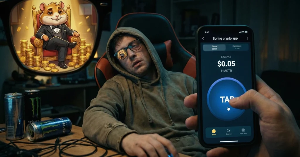 Hombre exhausto en una habitación desordenada mirando una pantalla de Hamster Kombat con un saldo de $0.05 HMSTR. El reflejo en sus gafas muestra una fantasía de un hámster rico en un trono de oro. Una representación visual de la falsa promesa de riqueza y la realidad precaria de los jugadores.