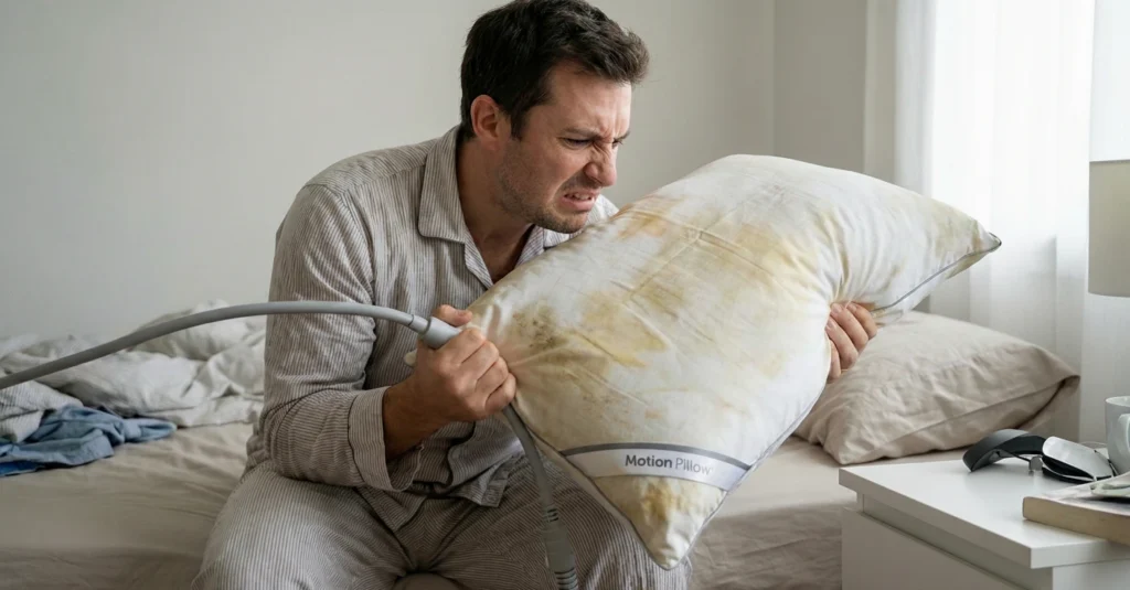 ombre con expresión de asco oliendo las manchas de sudor amarillo en una almohada inteligente Motion Pillow usada, mostrando la imposibilidad de lavar el núcleo electrónico."