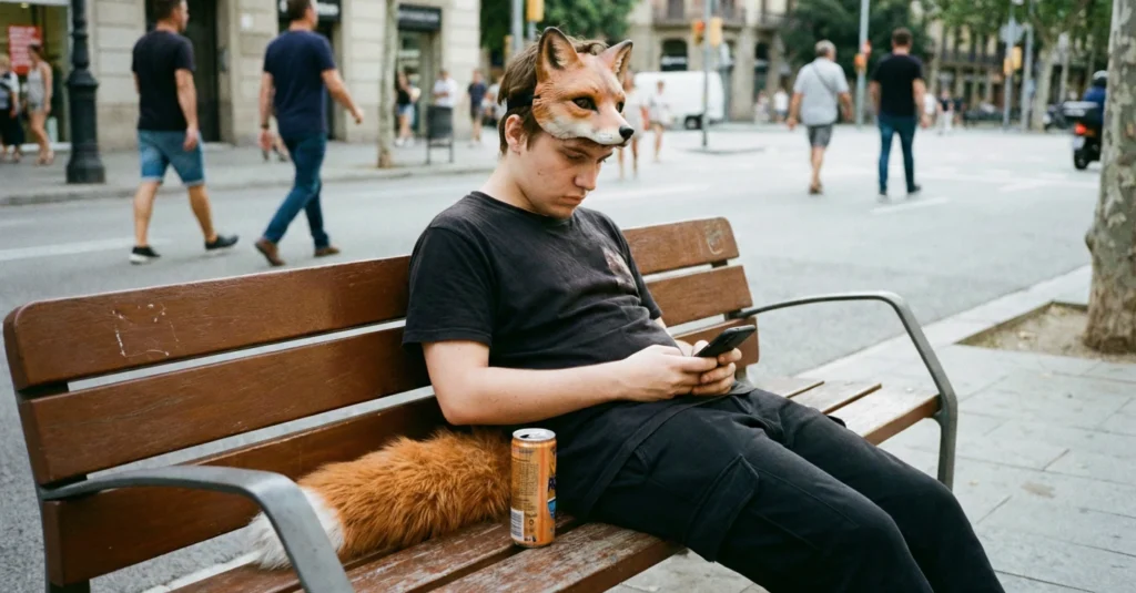 Quedada Therians Barcelona: Cuando la Crisis de los 20 Acaba a Cuatro Patas en el Arc de Triomf 3 Joven therian con cola de zorro descansando y mirando el móvil durante la crisis de identidad del evento en Barcelona.