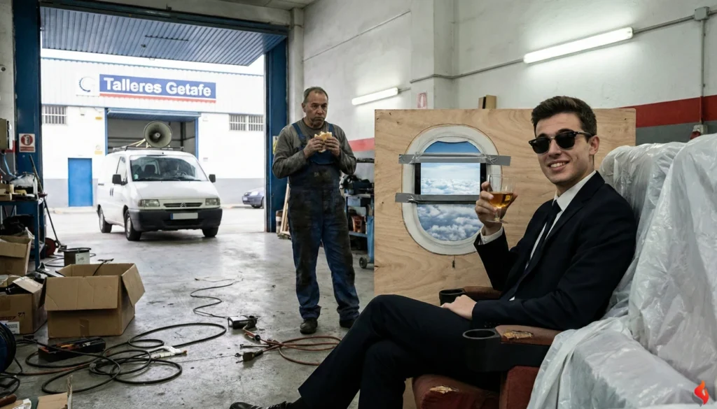 El 'Jet Set' del Pladur: Influencers que vuelan en primera clase (sin salir del polígono industrial) 2 Foto satírica de un joven con traje y gafas de sol intentando aparentar lujo en un decorado de avión extremadamente cutre, hecho con madera y una tablet pegada, dentro de un taller mecánico sucio en un polígono industrial mientras un mecánico come un bocadillo al fondo.